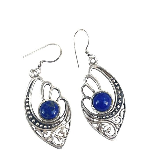 Sterling Silver Lapis Gemstone Dangle Earrings With Intricate Filigree Design Bo - Picture 9 of 10